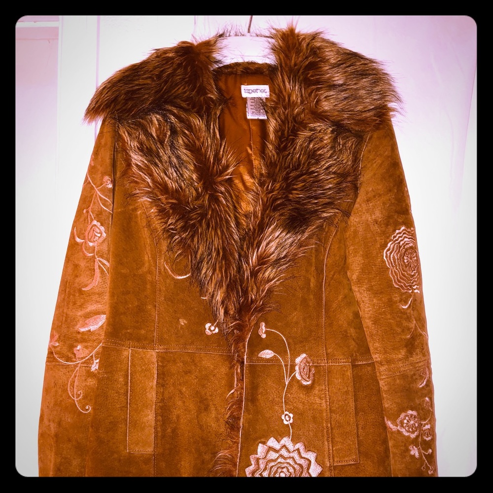 Suede Jacket, fake fur & embroidered flowers